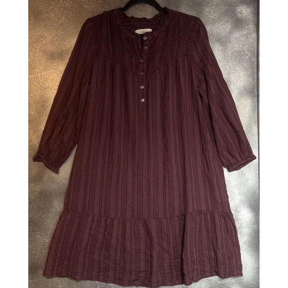 LOFT Dresses & Skirts - Loft Burgundy Plaid Dress women's Sz XL Fall Cabincore Comfy Casual Pullover